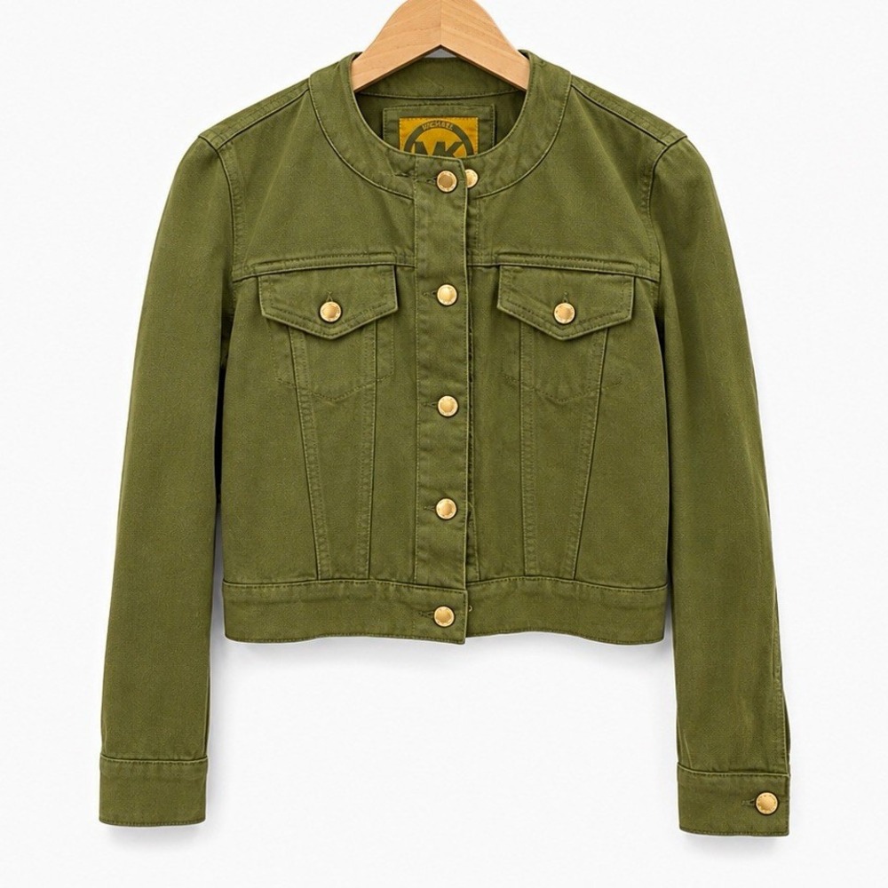 Michael Kors Women's Green Cropped Button-Front Pocket Cotton Jacket Size S